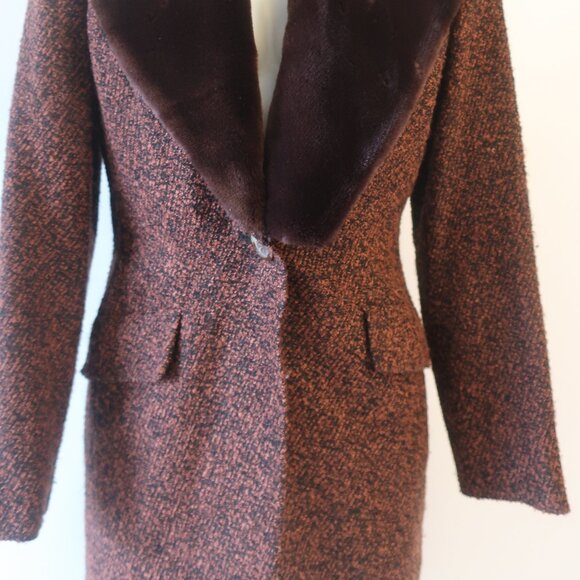 Yves Saint Laurent Black Brown Tweed Boucle Wool Blend Faux Fur Jacket Coat 6 - Picture 8 of 16